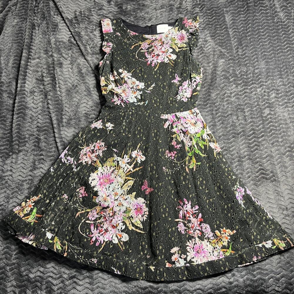 Anthropologie Neveah Black Floral Lace Fit & Flare Dress Size 10